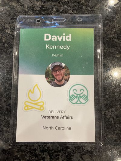 Ad Hoc Retreat 2022 conference badge, with green and white colors and the words David Kennedy.