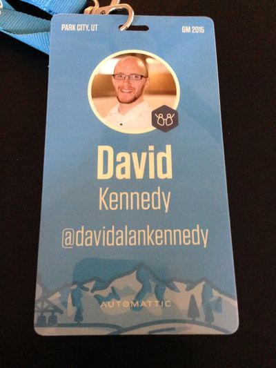 Automattic Grand Meetup 2015 conference badge with the words Park City, Utah and David A. Kennedy.