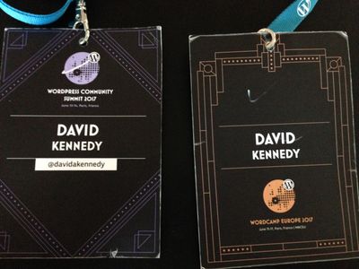 WordCamp Europe 2017 and Community Summit conference badges with black and white design and the words David A. Kennedy.