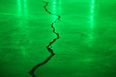 Cracked concrete with green tint.