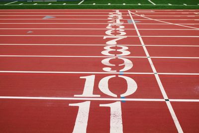 The finish line at a running track.