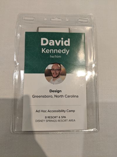 Ad Hoc Accessibility Camp 2020 conference badge with green and white colors and the words David Kennedy, Ad Hoc Accessibility Camp 2020.