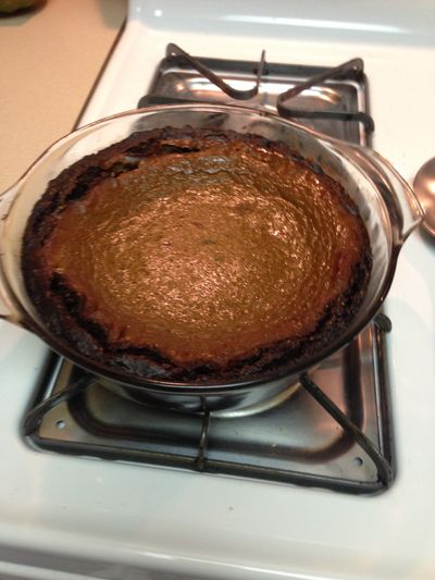 Pumpkin pie in a pie dish.