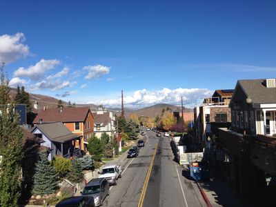 Main street of Park City, Utah, viewed high up from a bridge.