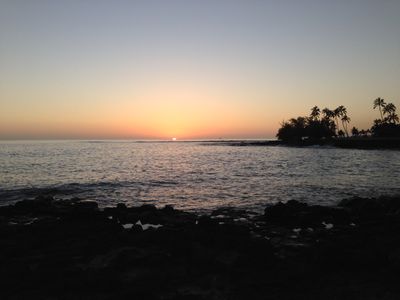 The Hawaiian shoreline near Lihue with the sun almost fully over the horizon during sunrise, with palm trees on the right.