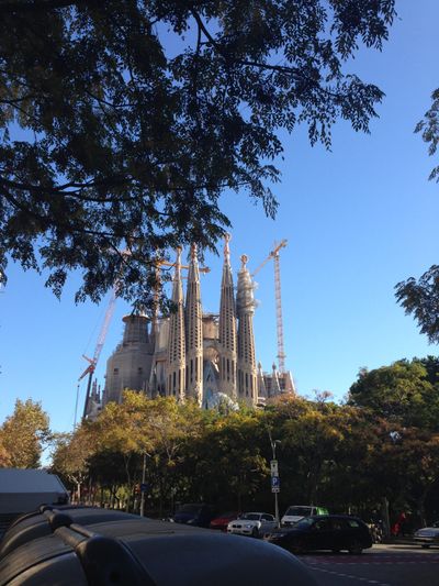 A view of La Sagrada Familia, an ornate church in Barcelona, Spain, from the street.