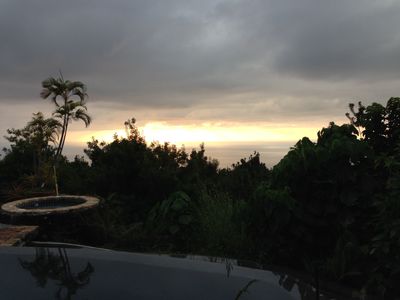 View of ocean at sunset through a set of trees.