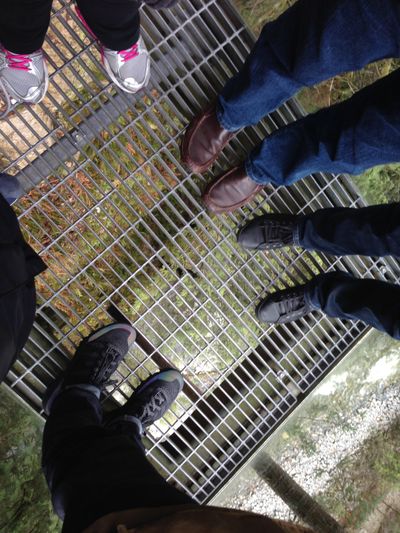 Several themer's feet on a platform, looking down into the Capilano River in Capilano Suspension Bridge Park.