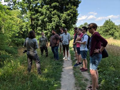 Several people exploring an old World War II battlefield.