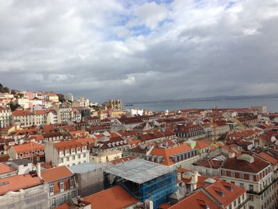 A view from the Santa Justa Lift, looking out over Lisbon's buildings.